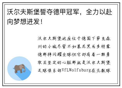 沃尔夫斯堡誓夺德甲冠军，全力以赴向梦想进发！