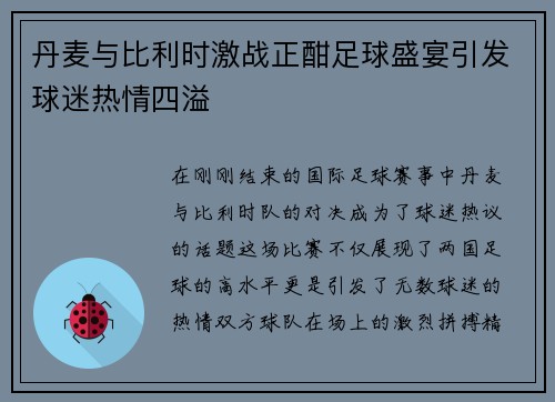 丹麦与比利时激战正酣足球盛宴引发球迷热情四溢